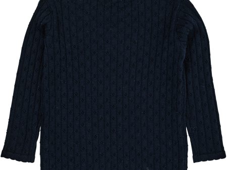 COPENHAGEN COLORS Navy Merino Classic Pointelle Blus Hot on Sale